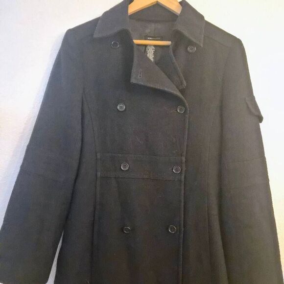 BCBG MaxAzria Black Wool Blend Sexy Trench Coat: Flattering Classic Essential - Picture 2 of 7